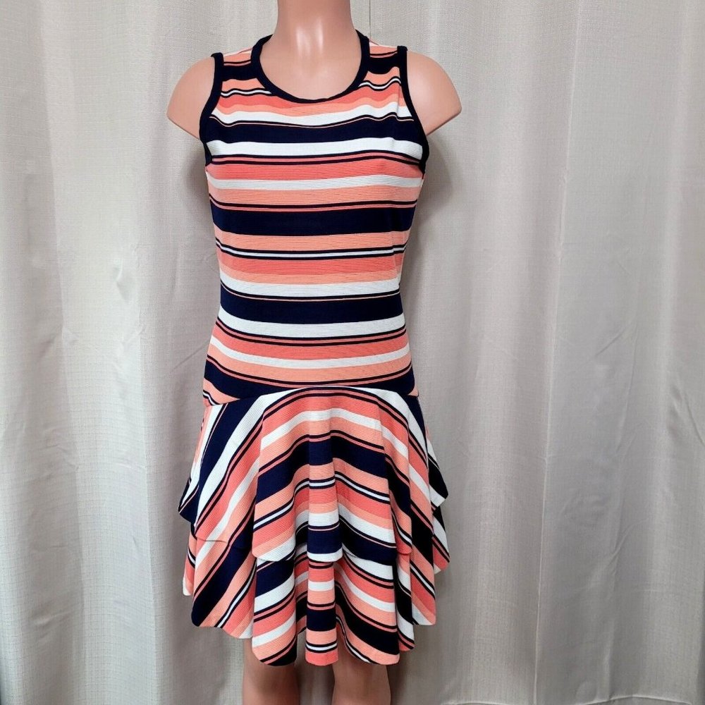 Michael Kors Ottoman Striped Flounce Hem Dress Women's Size Medium Coral Peach
